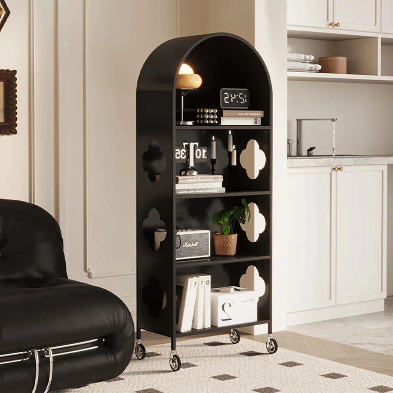 Contemporary Nordic Arched Carbon Steel Glass Movable Bookshelves 4-Tier With Mirror For Living Room