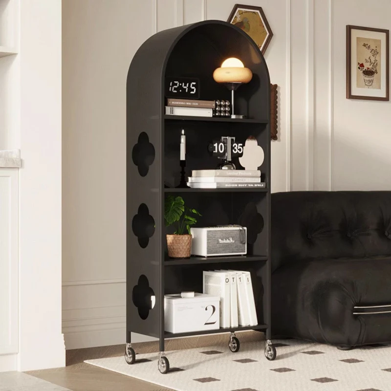 Contemporary Nordic Arched Carbon Steel Glass Movable Bookshelves 4-Tier With Mirror For Living Room