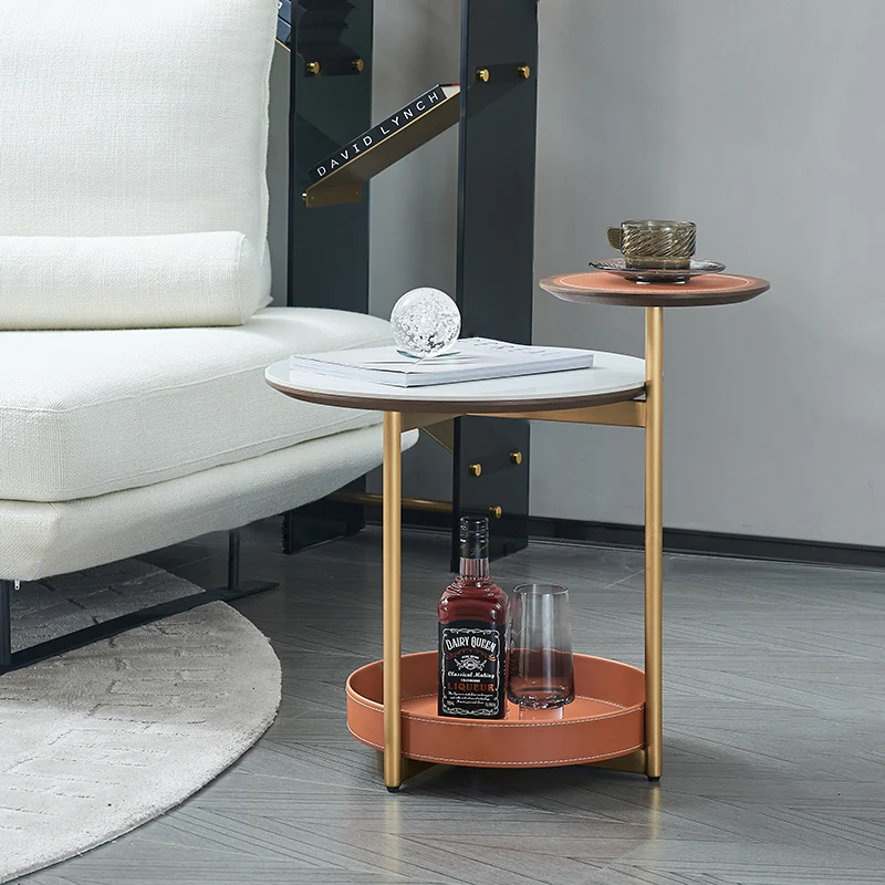 Two-Layer Round Rock Slab Ironwood Veneer Saddle-Style Faux Leather End Table - Creative Accent Side Table For Living Room
