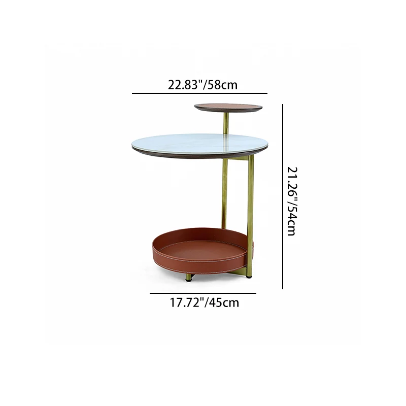 Two-Layer Round Rock Slab Ironwood Veneer Saddle-Style Faux Leather End Table - Creative Accent Side Table For Living Room