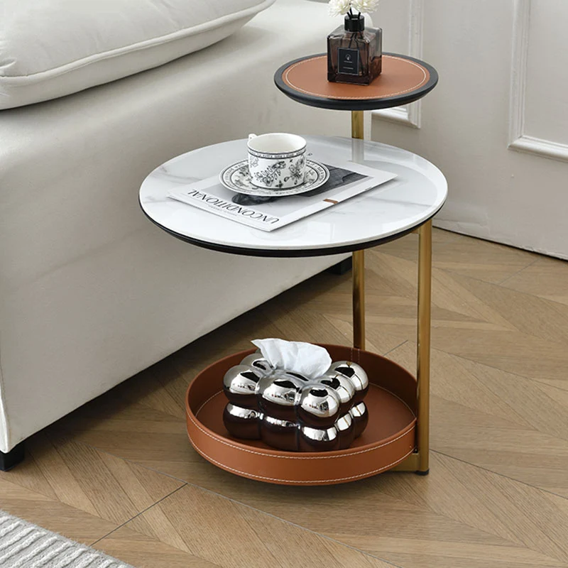 Two-Layer Round Rock Slab Ironwood Veneer Saddle-Style Faux Leather End Table - Creative Accent Side Table For Living Room