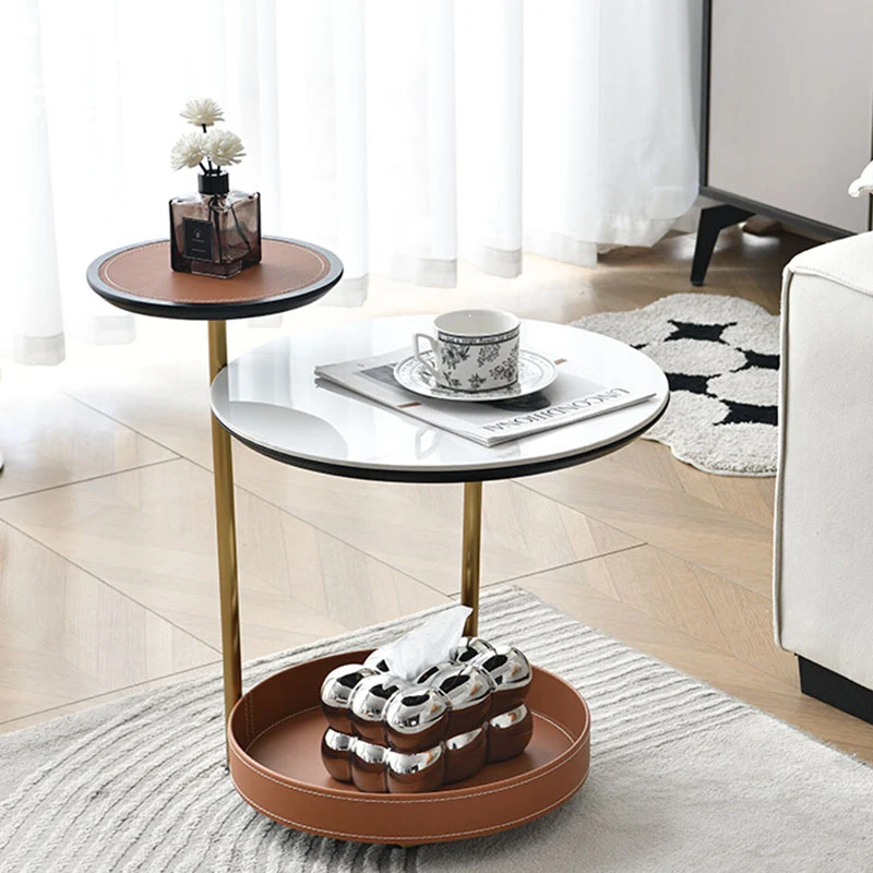 Two-Layer Round Rock Slab Ironwood Veneer Saddle-Style Faux Leather End Table - Creative Accent Side Table For Living Room
