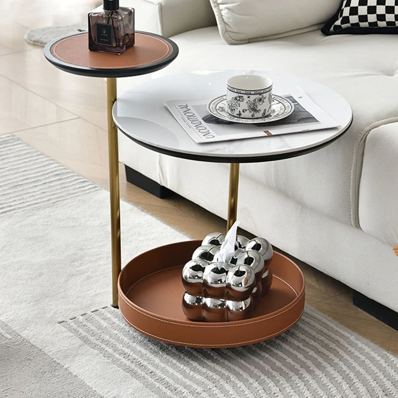 Two-Layer Round Rock Slab Ironwood Veneer Saddle-Style Faux Leather End Table - Creative Accent Side Table For Living Room
