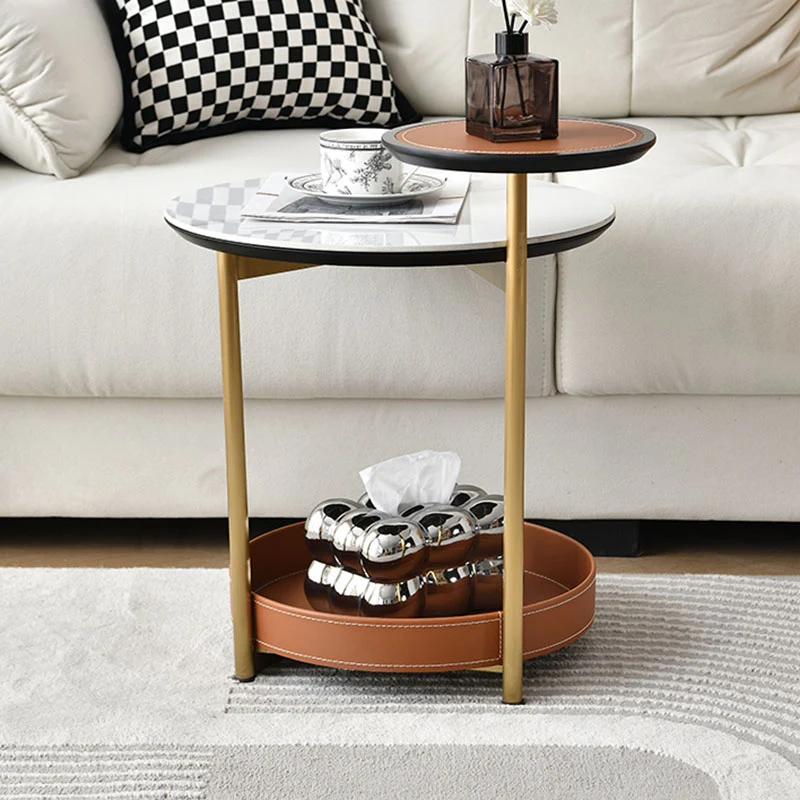 Two-Layer Round Rock Slab Ironwood Veneer Saddle-Style Faux Leather End Table - Creative Accent Side Table For Living Room