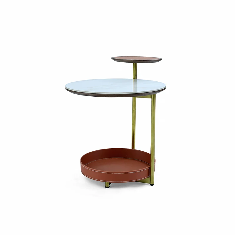 Two-Layer Round Rock Slab Ironwood Veneer Saddle-Style Faux Leather End Table - Creative Accent Side Table For Living Room