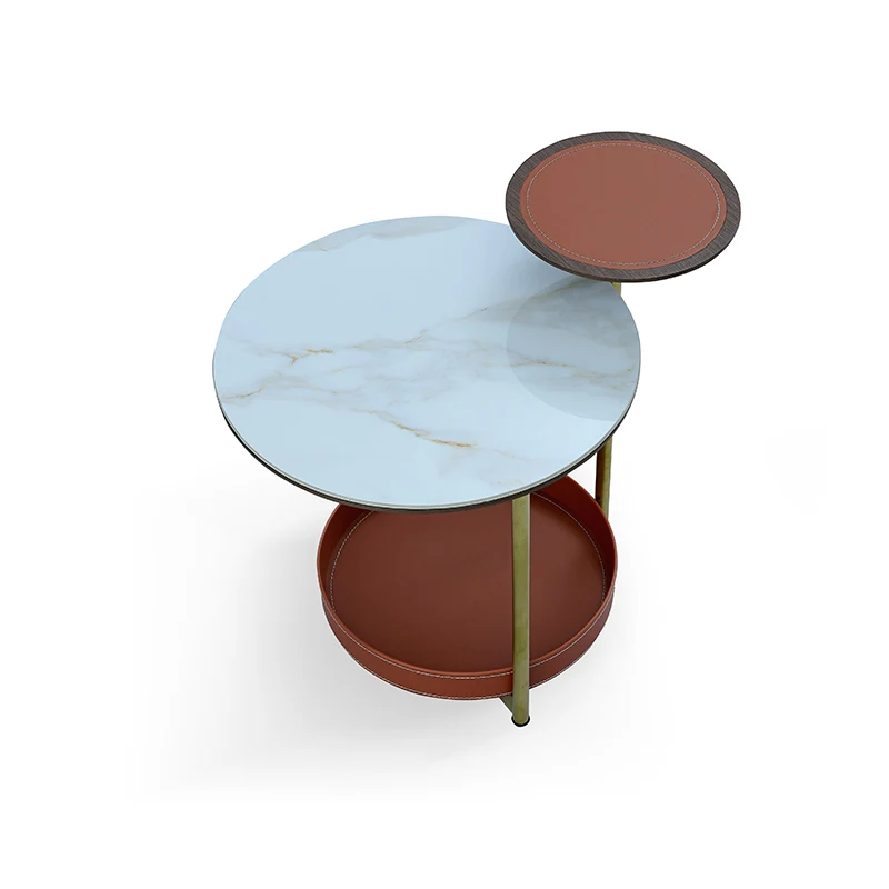 Two-Layer Round Rock Slab Ironwood Veneer Saddle-Style Faux Leather End Table - Creative Accent Side Table For Living Room
