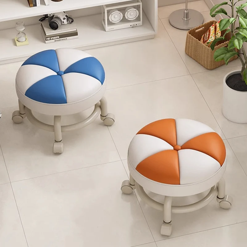 Modern Simplicity Kids Movable Round PU Leather Carbon Steel Sponge Low Stool For Living Room