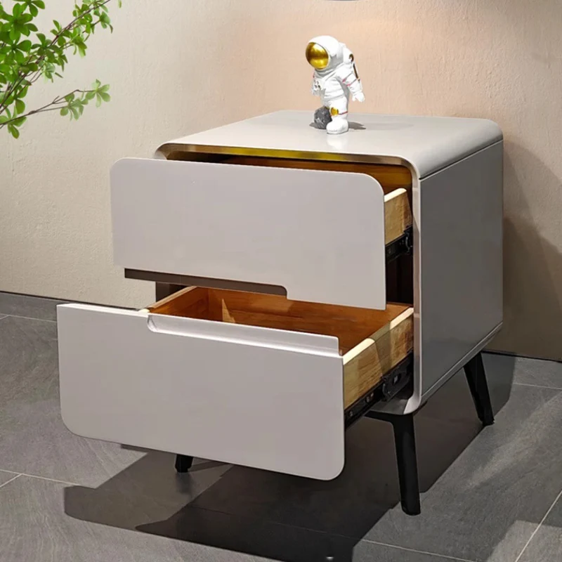 Contemporary Creative Medium-Density Fiberboard Carbon Steel Metal Rounded Square Cylindrical Nightstand With 2 Drawers For Bedroom