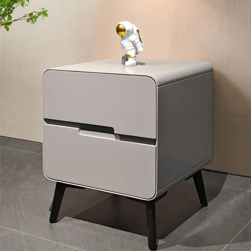Contemporary Creative Medium-Density Fiberboard Carbon Steel Metal Rounded Square Cylindrical Nightstand With 2 Drawers For Bedroom