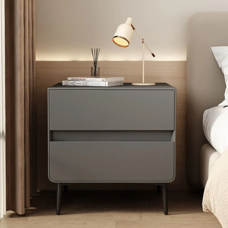 Modern Luxury Faux Leather Pine Wood Metal Cylindrical Square Nightstand With 2 Drawers For Bedroom