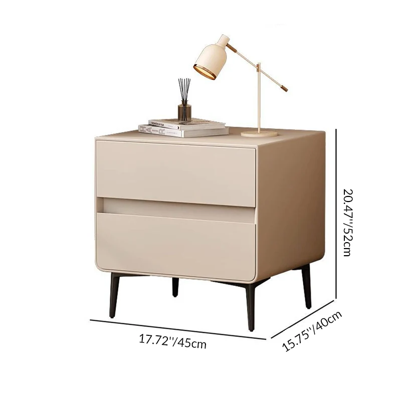 Modern Luxury Faux Leather Pine Wood Metal Cylindrical Square Nightstand With 2 Drawers For Bedroom