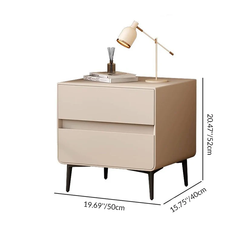 Modern Luxury Faux Leather Pine Wood Metal Cylindrical Square Nightstand With 2 Drawers For Bedroom