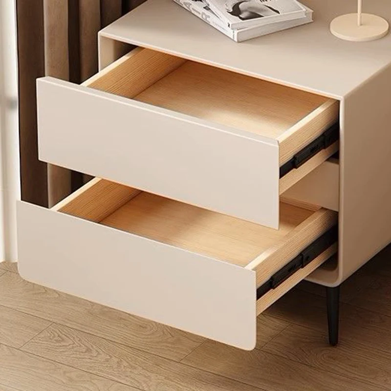 Modern Luxury Faux Leather Pine Wood Metal Cylindrical Square Nightstand With 2 Drawers For Bedroom
