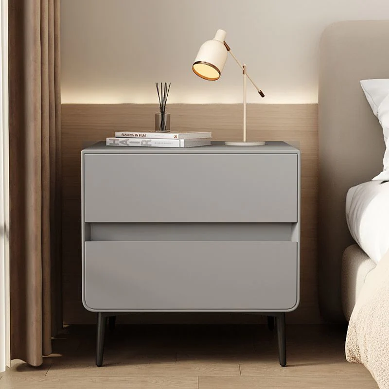 Modern Luxury Faux Leather Pine Wood Metal Cylindrical Square Nightstand With 2 Drawers For Bedroom