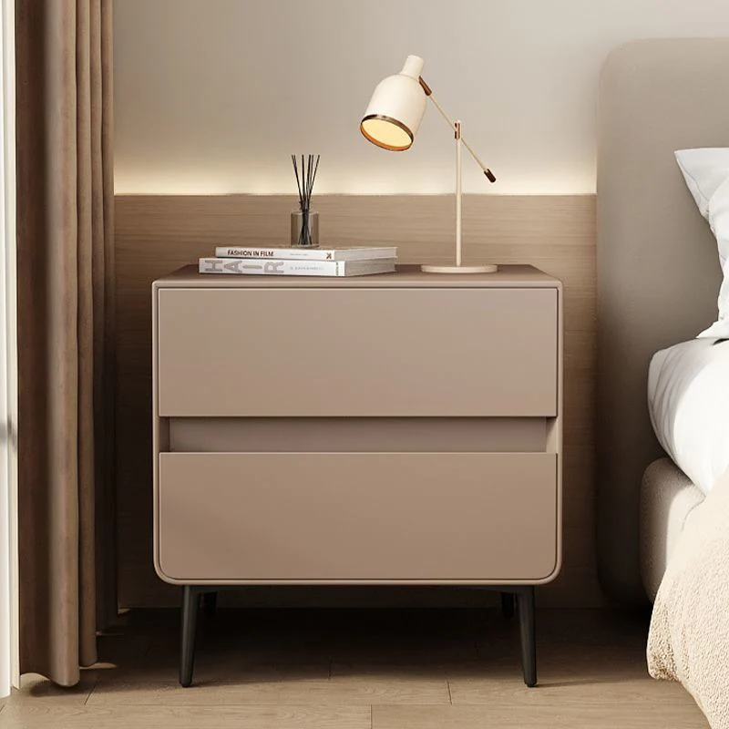 Modern Luxury Faux Leather Pine Wood Metal Cylindrical Square Nightstand With 2 Drawers For Bedroom