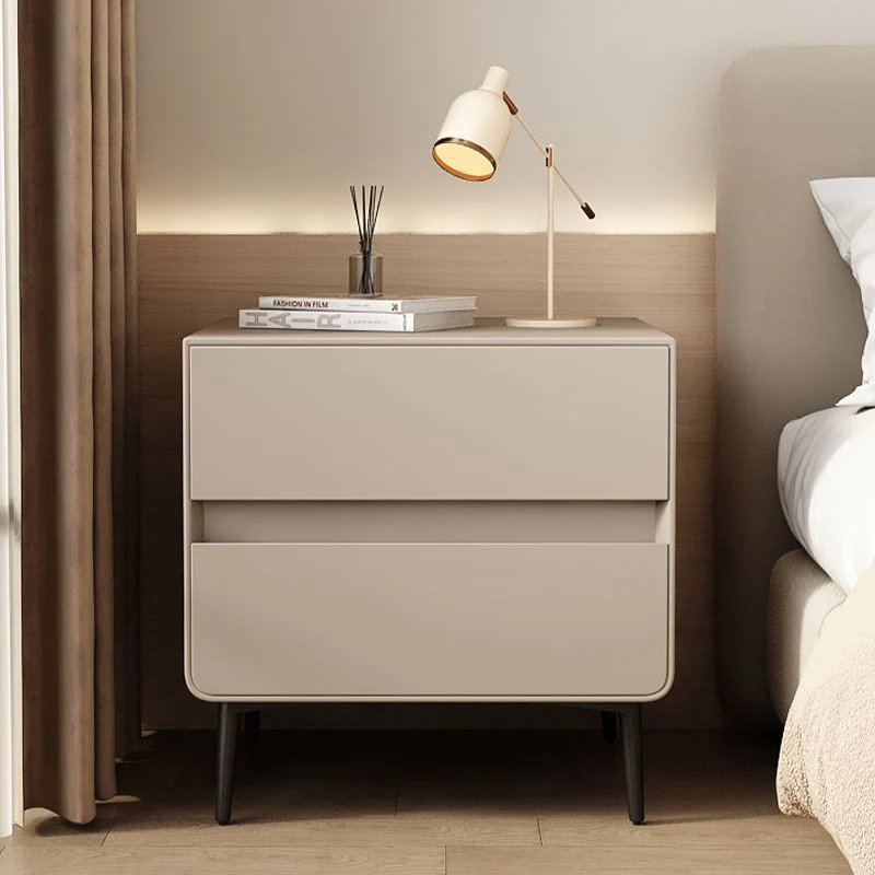 Modern Luxury Faux Leather Pine Wood Metal Cylindrical Square Nightstand With 2 Drawers For Bedroom