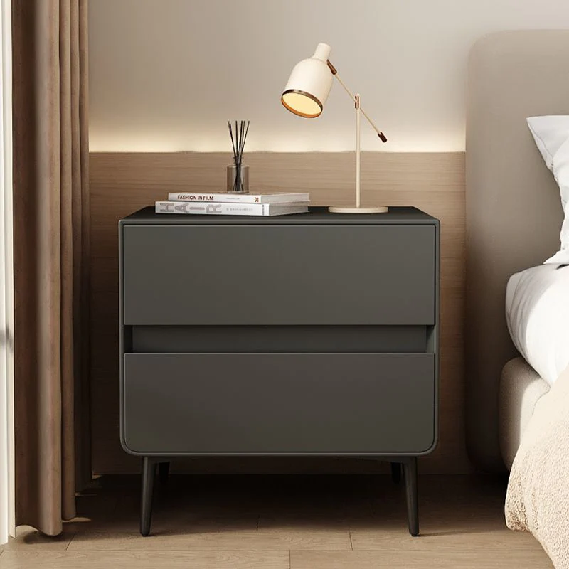 Modern Luxury Faux Leather Pine Wood Metal Cylindrical Square Nightstand With 2 Drawers For Bedroom