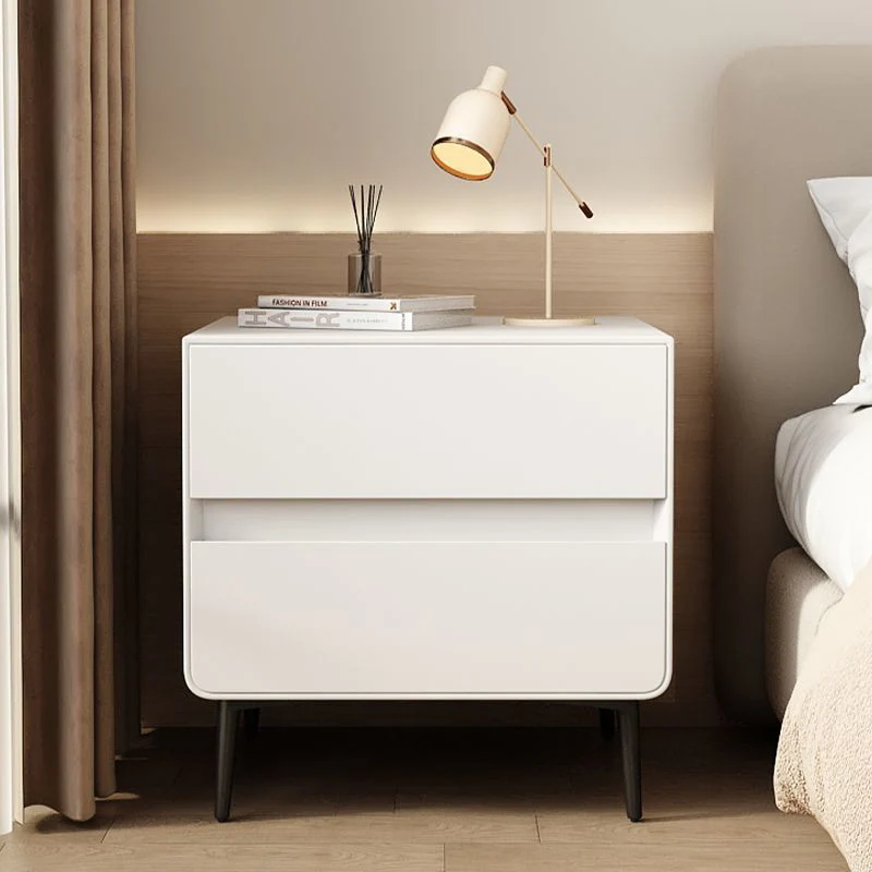 Modern Luxury Faux Leather Pine Wood Metal Cylindrical Square Nightstand With 2 Drawers For Bedroom