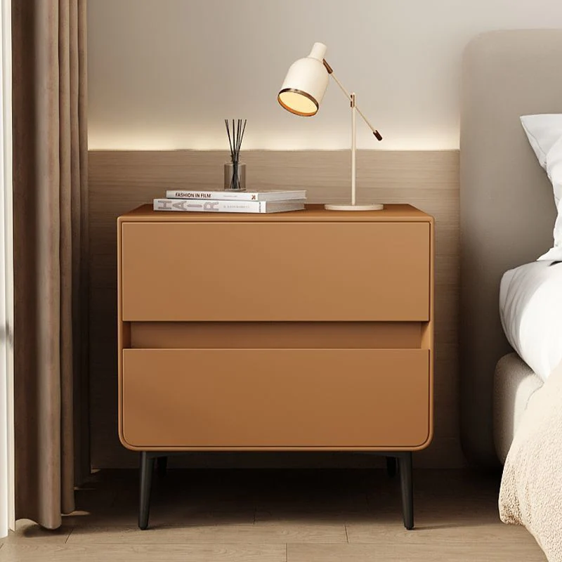 Modern Luxury Faux Leather Pine Wood Metal Cylindrical Square Nightstand With 2 Drawers For Bedroom