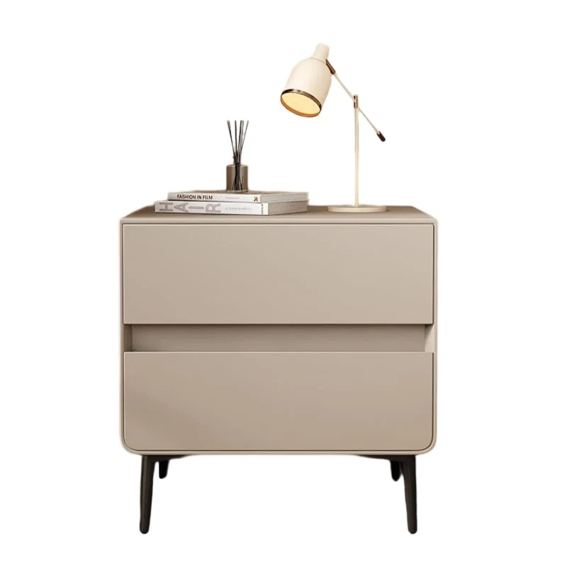 Modern Luxury Faux Leather Pine Wood Metal Cylindrical Square Nightstand With 2 Drawers For Bedroom