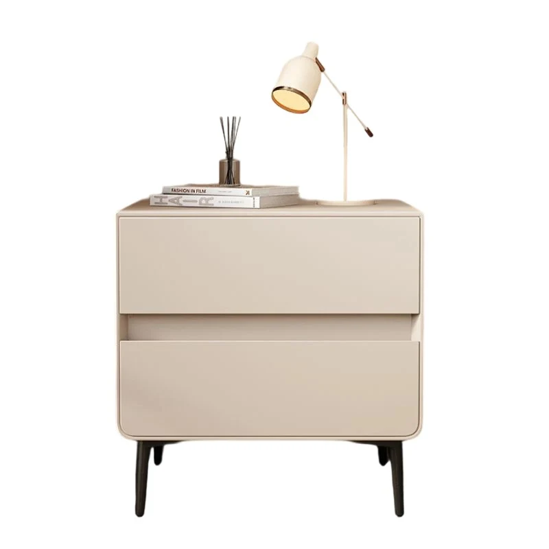 Modern Luxury Faux Leather Pine Wood Metal Cylindrical Square Nightstand With 2 Drawers For Bedroom