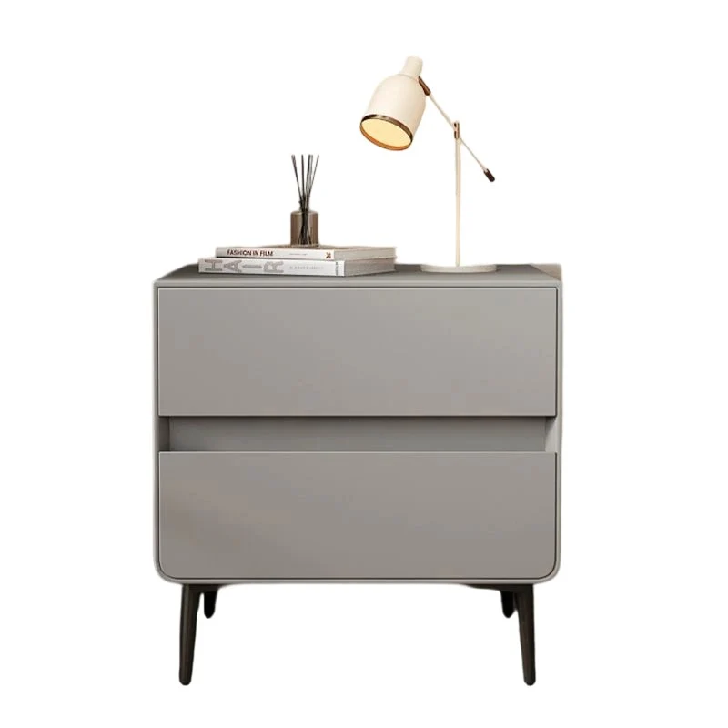 Modern Luxury Faux Leather Pine Wood Metal Cylindrical Square Nightstand With 2 Drawers For Bedroom