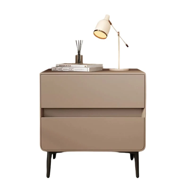Modern Luxury Faux Leather Pine Wood Metal Cylindrical Square Nightstand With 2 Drawers For Bedroom