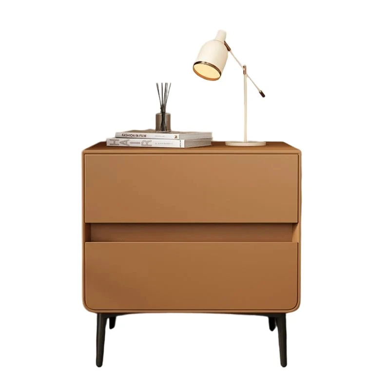 Modern Luxury Faux Leather Pine Wood Metal Cylindrical Square Nightstand With 2 Drawers For Bedroom
