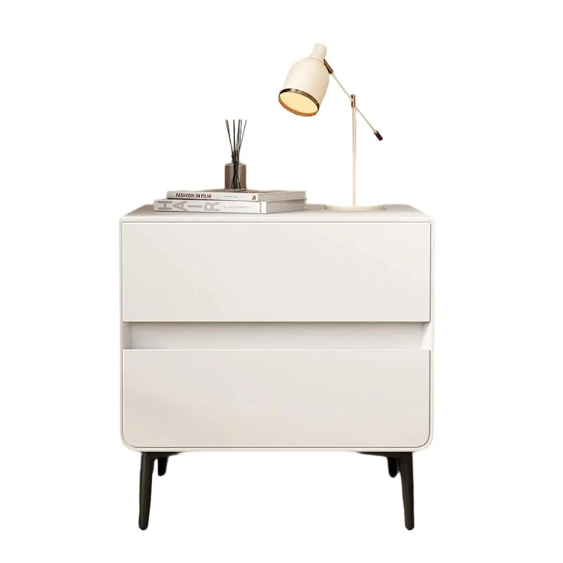 Modern Luxury Faux Leather Pine Wood Metal Cylindrical Square Nightstand With 2 Drawers For Bedroom