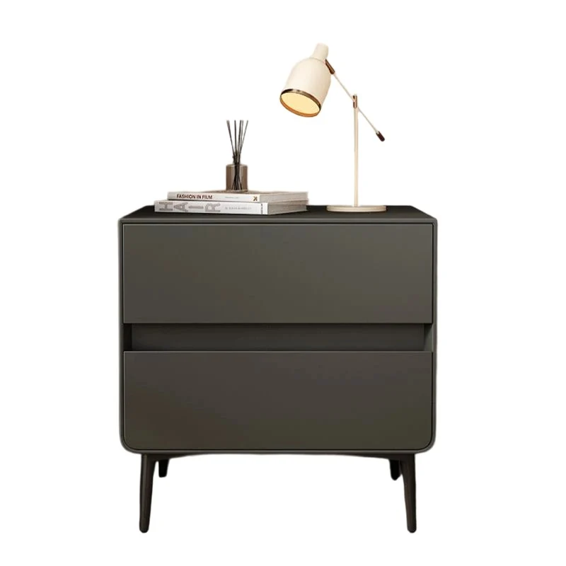 Modern Luxury Faux Leather Pine Wood Metal Cylindrical Square Nightstand With 2 Drawers For Bedroom