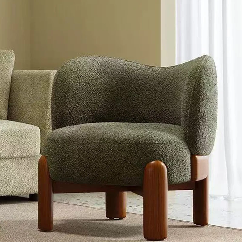 Traditional Chinese Chenille Fabric Oak Wood Curved Round Accent Chair With Backrest For Living Room