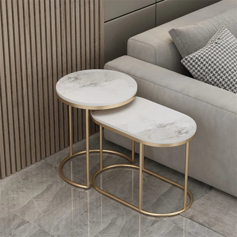 Contemporary Scandinavian Sintered Stone Iron Round Oval Side Table With 2-Tier Storage For Living Room