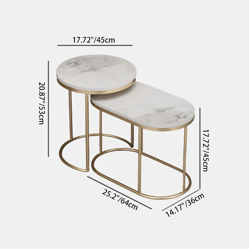 Contemporary Scandinavian Sintered Stone Iron Round Oval Side Table With 2-Tier Storage For Living Room