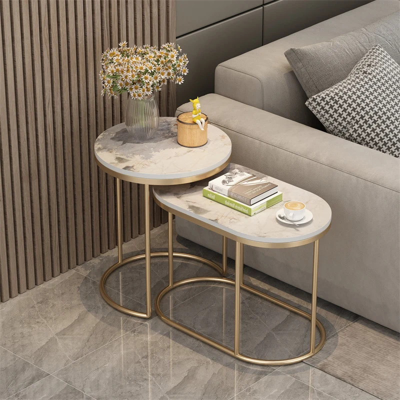 Contemporary Scandinavian Sintered Stone Iron Round Oval Side Table With 2-Tier Storage For Living Room