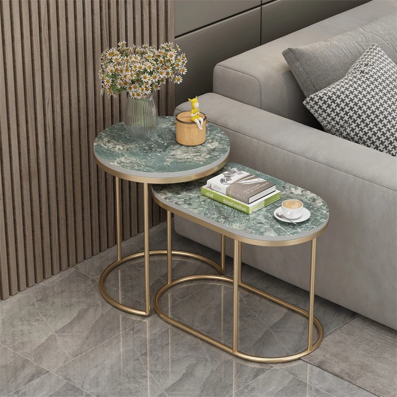 Contemporary Scandinavian Sintered Stone Iron Round Oval Side Table With 2-Tier Storage For Living Room
