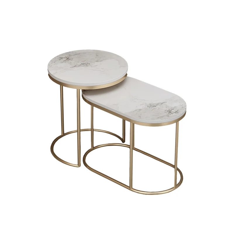 Contemporary Scandinavian Sintered Stone Iron Round Oval Side Table With 2-Tier Storage For Living Room
