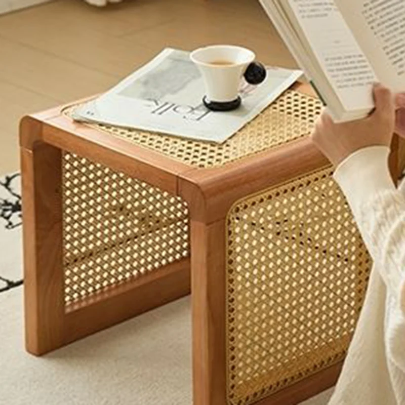 Traditional Rustic U-Shape Plywood Faux Rattan Weaving End Table 2-Tier For Living Room
