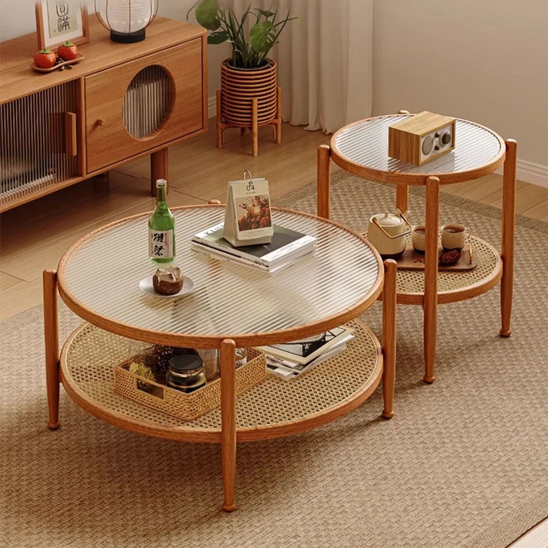 Traditional Japanese Round Glass Faux Rattan Rubberwood End Table 2-Tier For Living Room