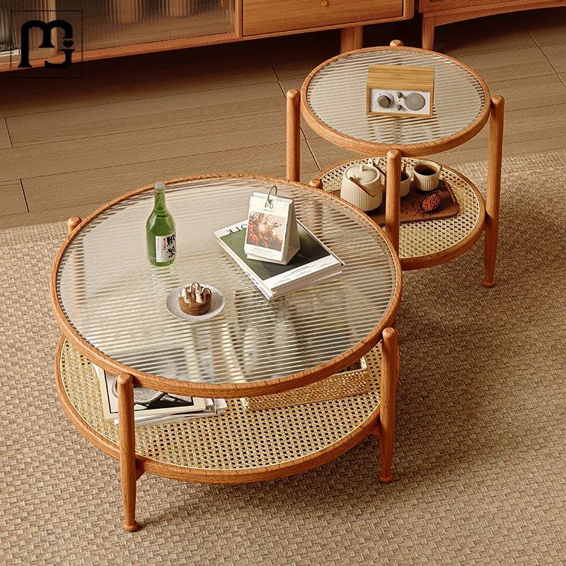 Traditional Japanese Round Glass Faux Rattan Rubberwood End Table 2-Tier For Living Room