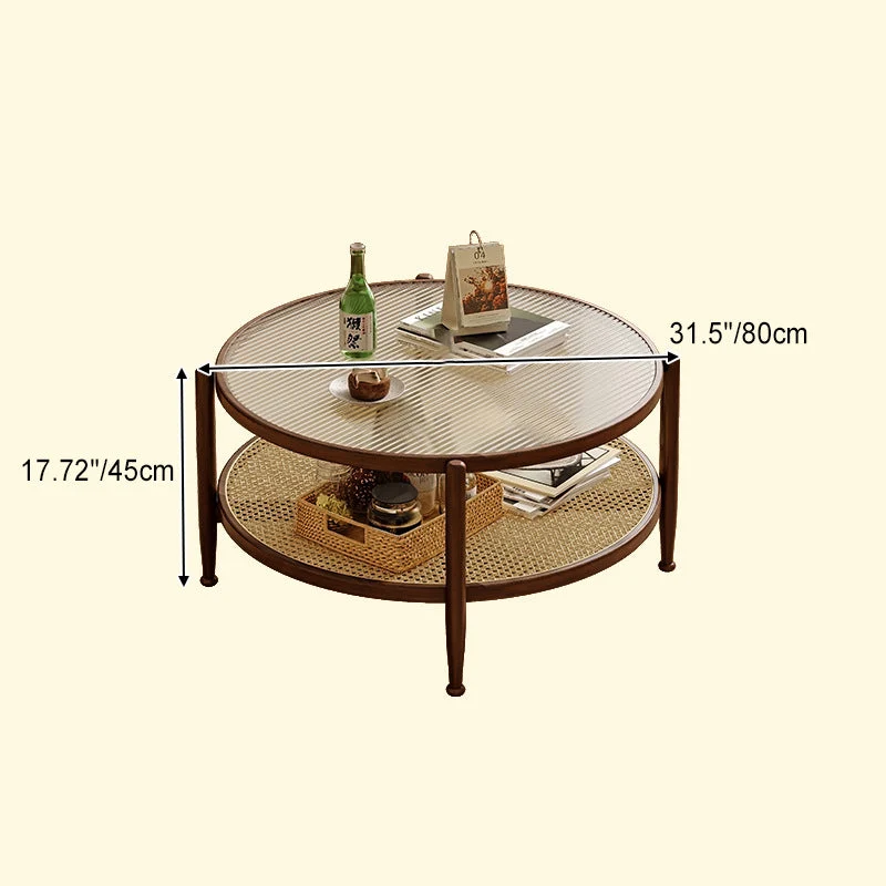 Traditional Japanese Round Glass Faux Rattan Rubberwood End Table 2-Tier For Living Room