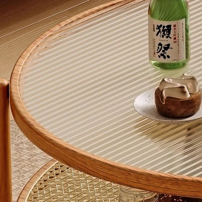 Traditional Japanese Round Glass Faux Rattan Rubberwood End Table 2-Tier For Living Room