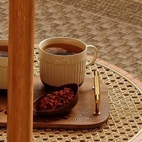 Traditional Japanese Round Glass Faux Rattan Rubberwood End Table 2-Tier For Living Room