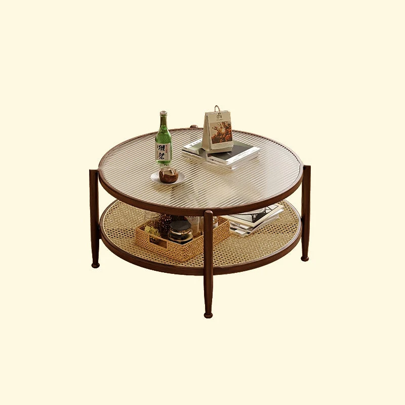 Traditional Japanese Round Glass Faux Rattan Rubberwood End Table 2-Tier For Living Room
