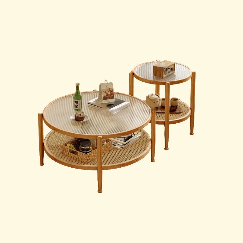 Traditional Japanese Round Glass Faux Rattan Rubberwood End Table 2-Tier For Living Room