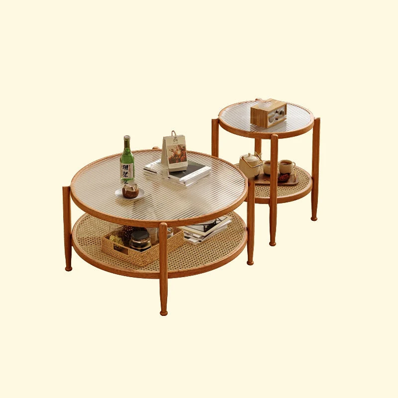 Traditional Japanese Round Glass Faux Rattan Rubberwood End Table 2-Tier For Living Room