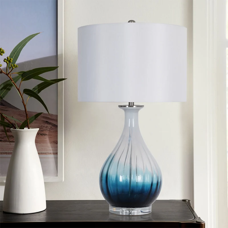 Modern Minimalist Blue Gradient Glass Vase Fabric 1-Light Table Lamp For Bedroom