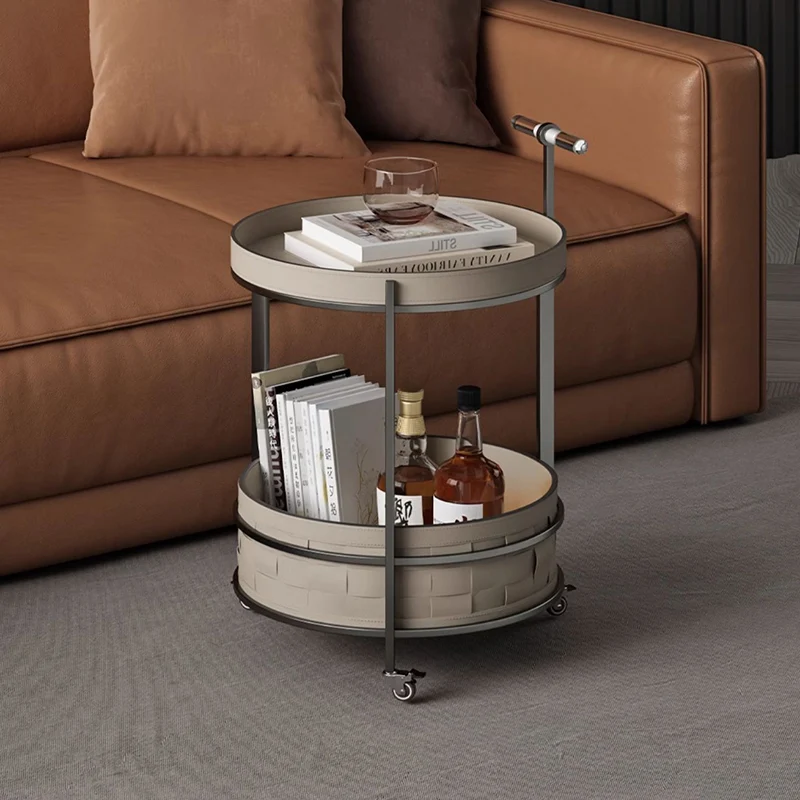 Rolling Round Saddle-Style Faux Leather Acrylic Side Table - Vintage Dual-Layer Storage Trolley With Stainless Steel Frame For Living Room