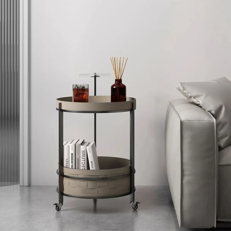 Rolling Round Saddle-Style Faux Leather Acrylic Side Table - Vintage Dual-Layer Storage Trolley With Stainless Steel Frame For Living Room