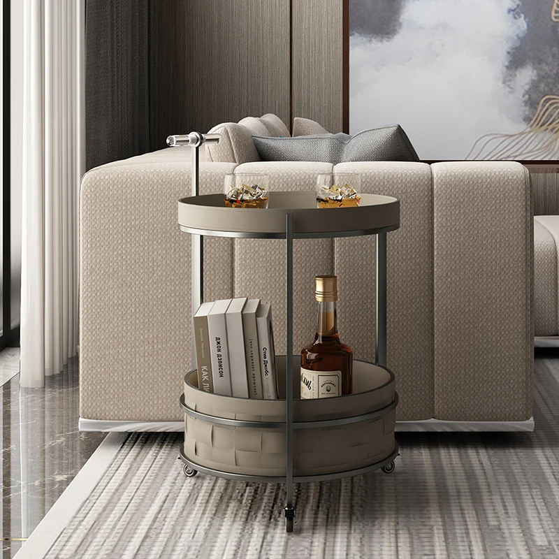 Rolling Round Saddle-Style Faux Leather Acrylic Side Table - Vintage Dual-Layer Storage Trolley With Stainless Steel Frame For Living Room