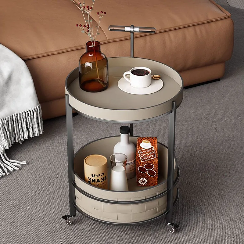 Rolling Round Saddle-Style Faux Leather Acrylic Side Table - Vintage Dual-Layer Storage Trolley With Stainless Steel Frame For Living Room